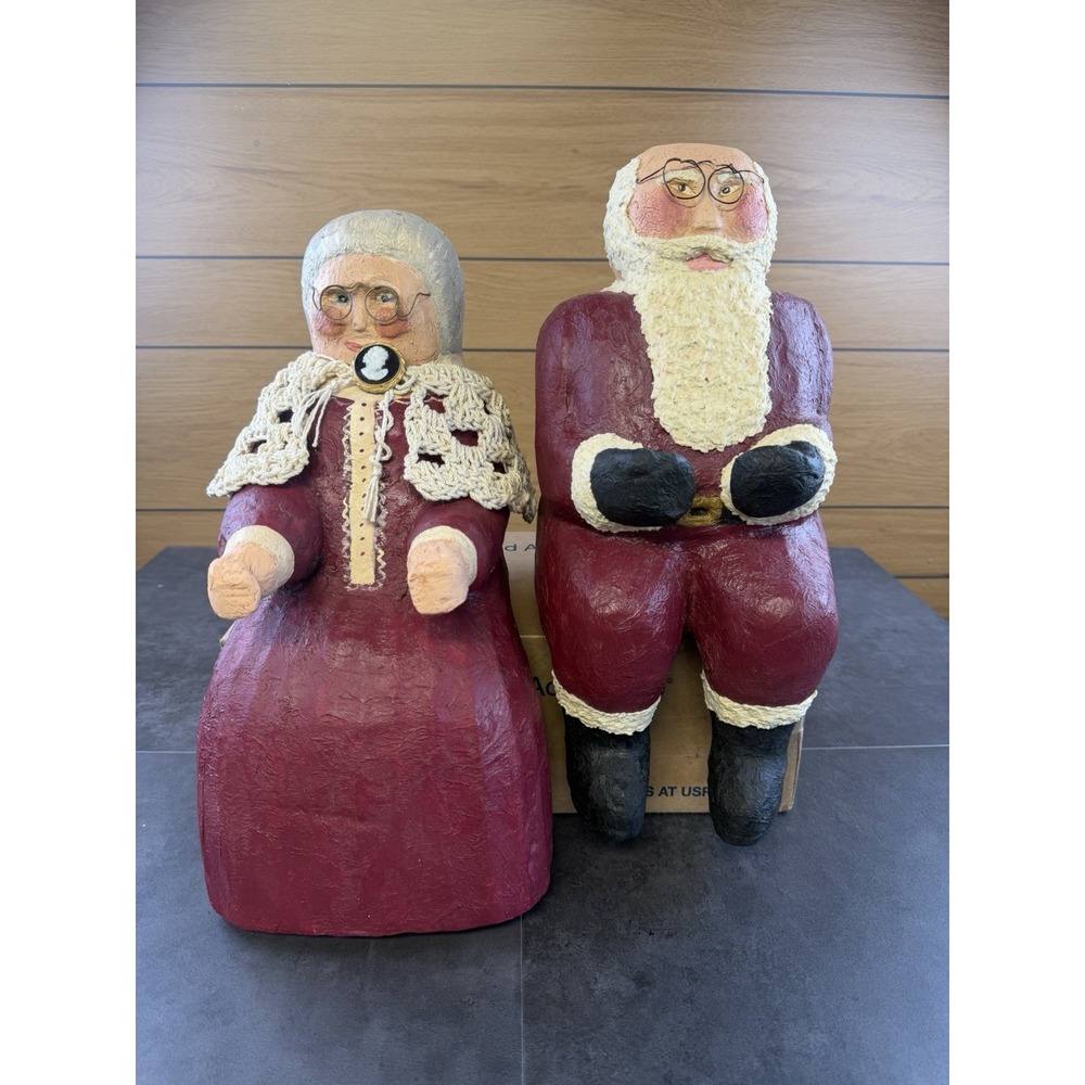 VTG 1991 Pair of JB signed Handmade Paper Mache Sitting Shelf Santa & Mrs.Claus